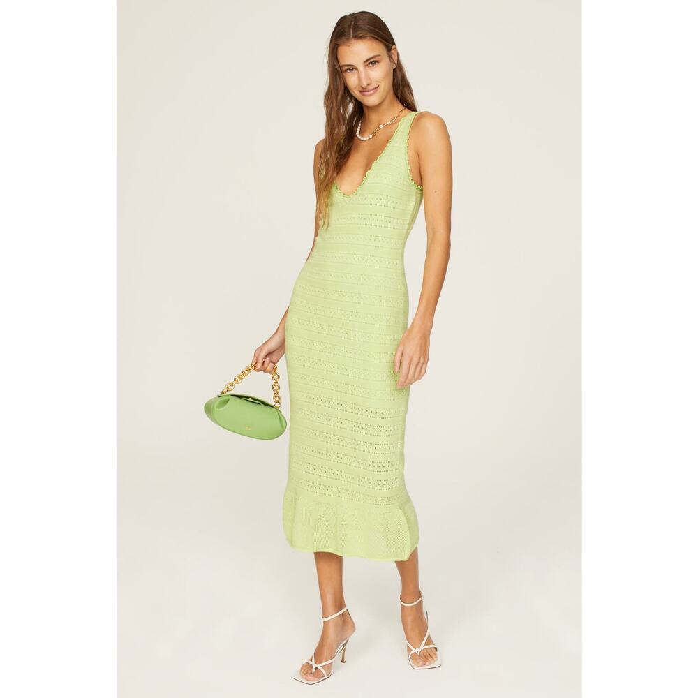 Amanda Uprichard Lainey Dress Green Knit V-Neck Crochet Sleeveless Midi Sz S
